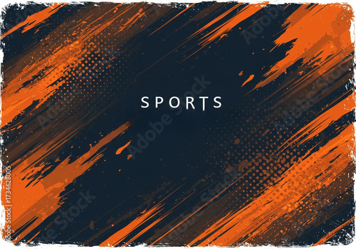 Dynamic abstract sports background with vibrant orange brush strokes and halftone dots creating energetic movement