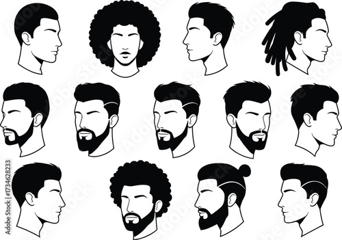 Men hairstyle vector set, male haircut silhouette collection, beard styles clipart, trendy barber design, fashion grooming illustration icons for barbershop