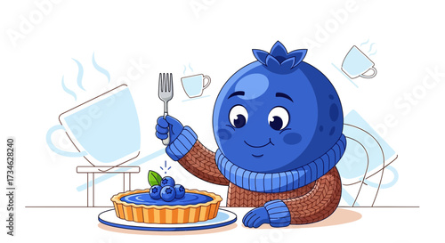 Blueberry character enjoying a sweet blueberry tart with coffee, a delightful cartoon illustration