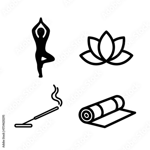 Collection of yoga-related icons, including a person in a tree pose, a lotus flower, incense, and a yoga mat.