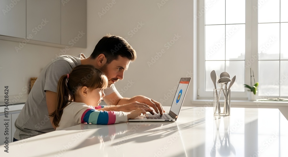 Fototapeta premium Father and Son Building Toy Car Together, Focused Activity, Family Bonding Time