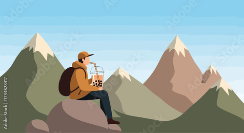 Bubble tea break a hiker enjoying boba on mountain peak scenic outdoor adventure