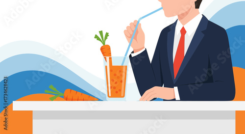 Business Professional Enjoying Healthy Carrot Juice in a Modern Office Setting Vector