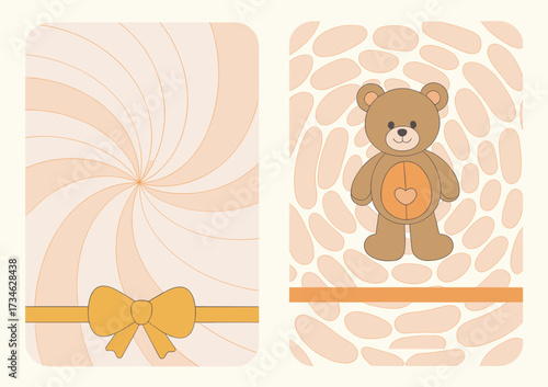 Teddy bear with heart belly and pastel bow panel, whimsical cartoon vector illustration, soft beige and peach background, cozy children’s design