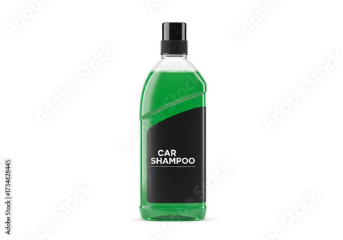 Professional car shampoo bottle mockup with vibrant green liquid, perfect for product branding and automotive cleaning promotions.