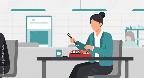 Businesswoman enjoying a sushi lunch at the office in a modern and minimalist setting perfect for