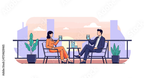 Business professionals enjoying drinks on a balcony with a city skyline backdrop creating a