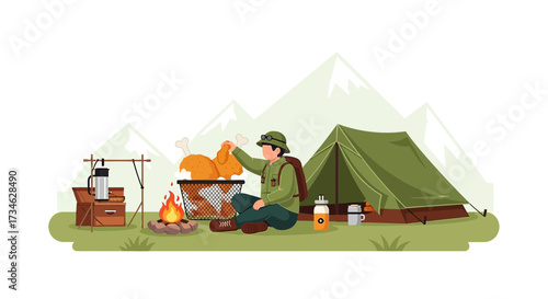 Camping adventure illustration with man cooking chicken over a campfire near his tent