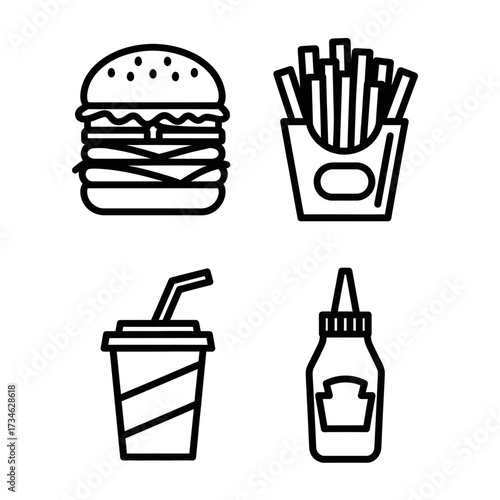 A set of four black and white line art icons representing a fast food meal: a hamburger, french fries, a soda, and a condiment bottle.