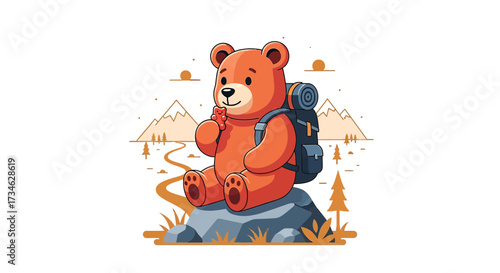 Cartoon bear with backpack enjoying a snack break during hiking adventure landscape