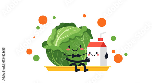 Cartoon Cabbage and Milk Carton Buddies Promoting Healthy Food Choices Together Character Design