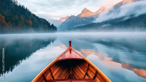 Wooden boat on a serene lake, mirroring mountains and misty clouds, trees on lake shore