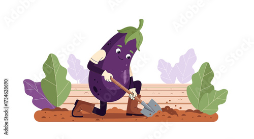 Cartoon eggplant character digging soil in a field for planting vegetables or flowers illustration