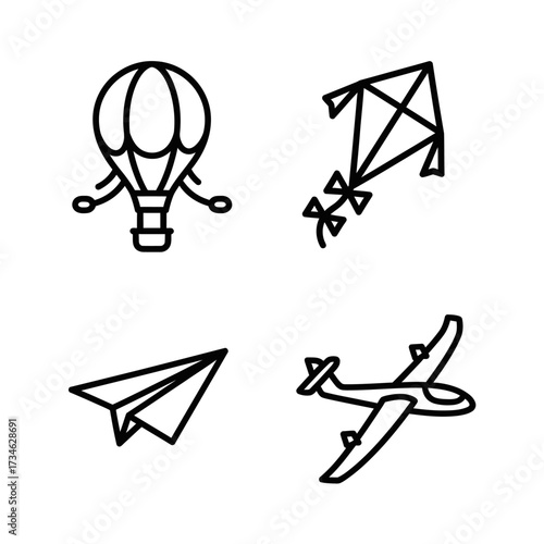 Collection of line art illustrations depicting various modes of air transport, including a hot air balloon.