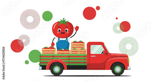 Cartoon illustration featuring a cheerful tomato character driving a red truck full of fresh