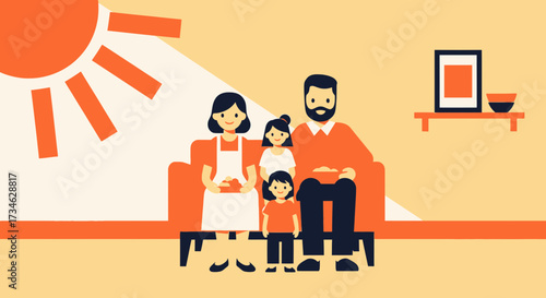 Cartoon illustration of a happy family spending time together at home during the day