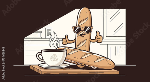 Cartoon illustration featuring coffee and a cheerful baguette character in sunglasses