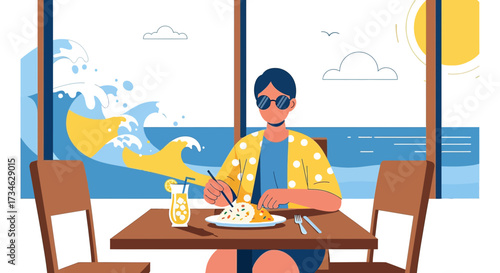 Cartoon illustration of a man enjoying a meal with a sea view in a restaurant  atmosphere