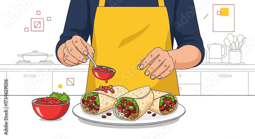 Cartoon Illustration of a Person in Apron Preparing Burritos in a Clean Kitchen