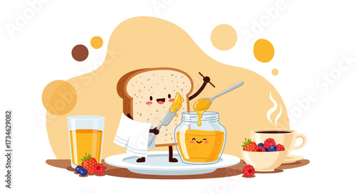 Cartoon illustration of a slice of bread spreading honey on itself for breakfast
