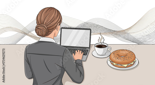 Cartoon illustration of a woman working on a laptop with coffee and bagel cartoon image style