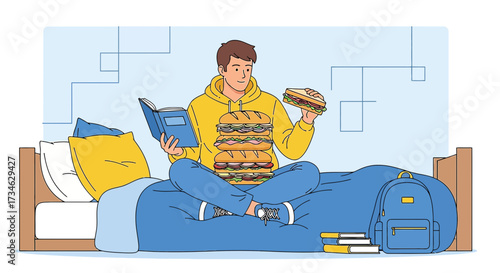 Cartoon student enjoys a sandwich and books while studying on his bed at home