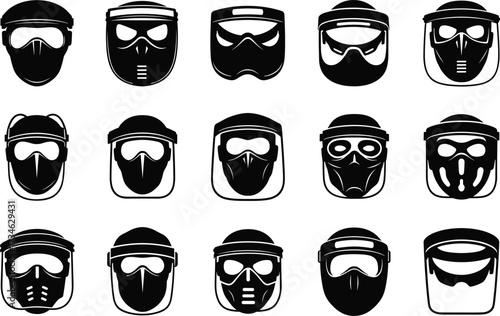 Mask, Helmet, Safety, Protection, Shield, Guard, Tactical, Military, Industrial, Worker, Secure, Gear, Equipment, Medical, Health, Vector, Icon, Illustration, Silhouette, Design