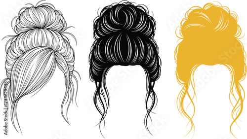 Messy bun hairstyle illustration set, elegant female updo vector drawing, trendy woman hair design collection, beauty salon fashion style graphics