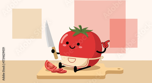 Cartoon tomato character with knife on a cutting board in the kitchen background illustration