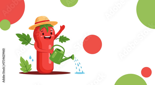Cartoon tomato farmer watering plants with a green watering can on white background