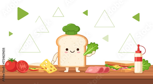 Charming sandwich chef illustration preparing a delicious snack with fresh ingredients on wooden