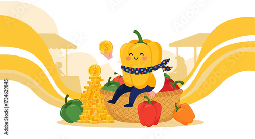 Cheerful pepper character making money at the farmers market with fresh produce and coins