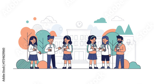 Cheerful students in school uniforms communicate near the school building illustration