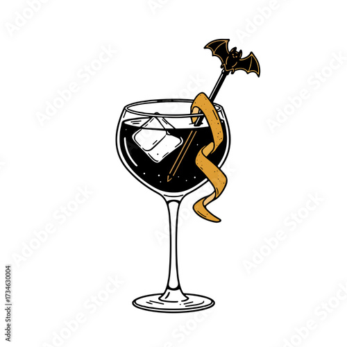 Elegant cocktail with ice, orange twist, and bat garnish for upscale adult Halloween parties