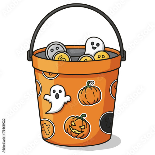Icon for charitable "Trick-or-Treat for UNICEF" campaign with an orange bucket and decorations