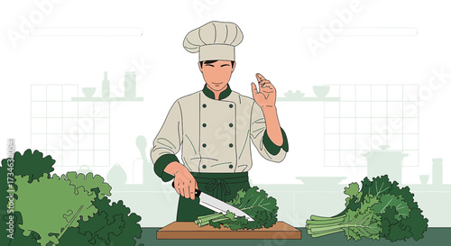 Chef preparing kale in the kitchen with knife on cutting board in minimalist illustration style