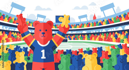 Colorful gummy bears cheer on their favorite bear at the stadium in this playful scene