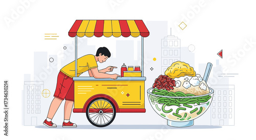 Colorful cendol vendor illustration in a vibrant city setting showcases local cuisine