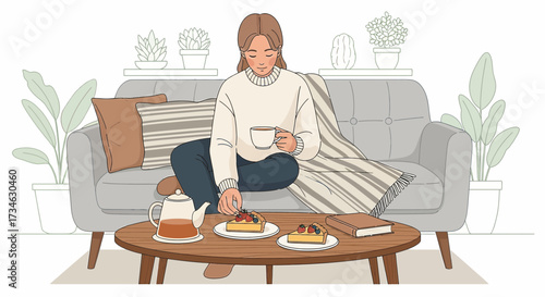 Cozy at home enjoying dessert and tea on the sofa, a moment of peaceful relaxation and indulgence