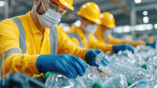 Workers in yellow uniforms and helmets sort plastic recyclables in facility, demonstrating teamwork and efficiency in waste management