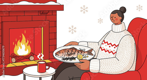 Cozy winter illustration of a woman enjoying a meal by the fireplace in a festive atmosphere