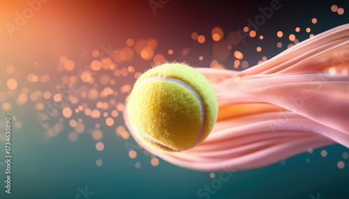 vibrant tennis ball motion, surrounded by flowing fabric and sparkling lights, creates dynamic and energetic scene. bright yellow ball contrasts beautifully with soft colors, evoking excitement