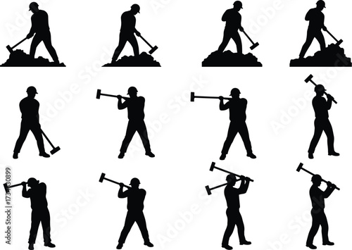 Sledgehammer, Worker, Labor, Construction, Silhouette, Tool, Helmet, Safety, Strength, Effort, Motion, Swing, Impact, Force, Job, Task, Industry, Manual, Power, Equipment