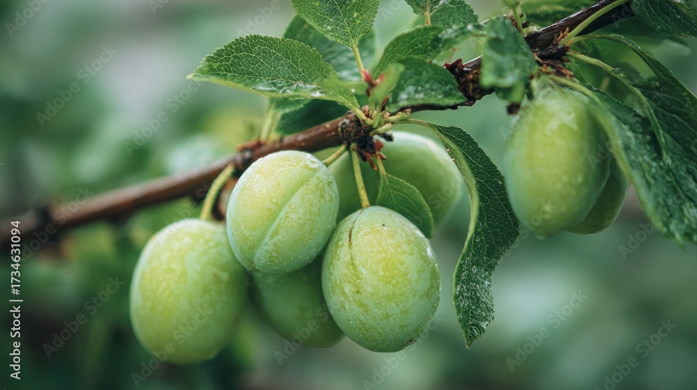 Obraz premium Green plums on branch