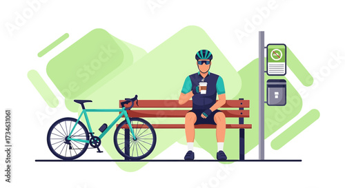 Cyclist taking a break with coffee on a park bench after a long ride illustration