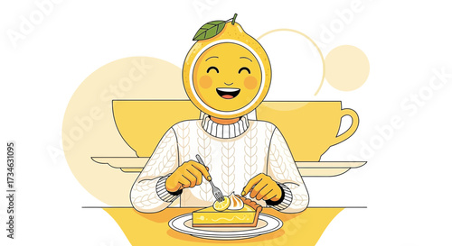 Delightful Lemon Character Enjoying a Slice of Pie with Tea Illustration that exudes joy and whimsy