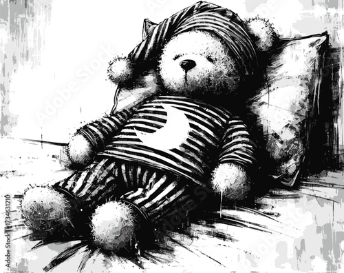  A cute teddy bear sleeps peacefully under a striped blanket, wearing a knitted beanie. Night scene with moons and stars creates a warm, comforting mood for holiday