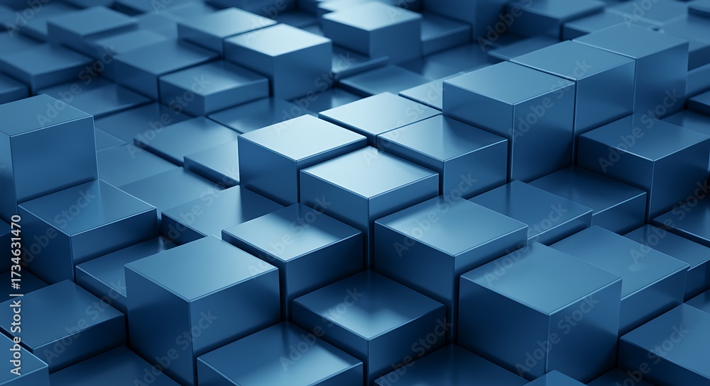 Obraz premium A close-up, high-angle view of a metallic blue grid of cubes with varying heights, creating a textured, abstract geometric pattern.