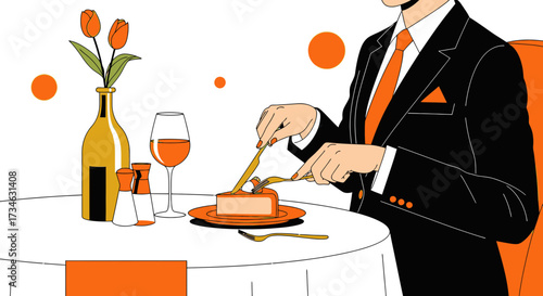 Elegant dining experience with a refined gentleman enjoying dessert and wine in a sophisticated