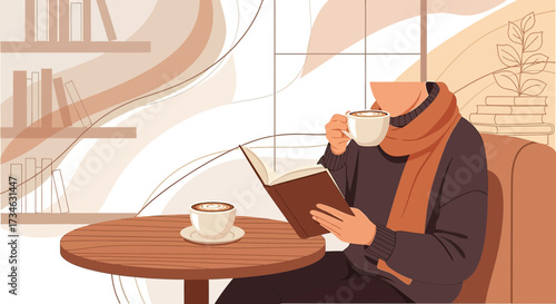 Elegant illustration depicting a reader enjoying coffee and a book in a cafe setting